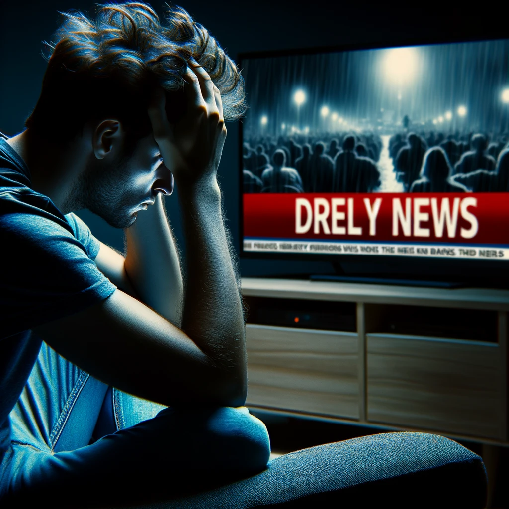 una persona visibilmente stressata mentre guarda notizie angoscianti in TV.
